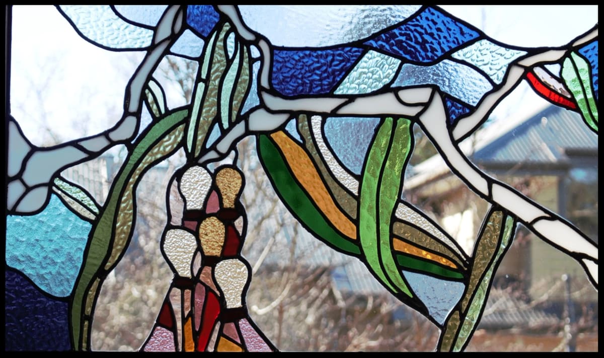 Angophora branch and gumnuts in leadlight, a Blue Mountains house seen through the glass