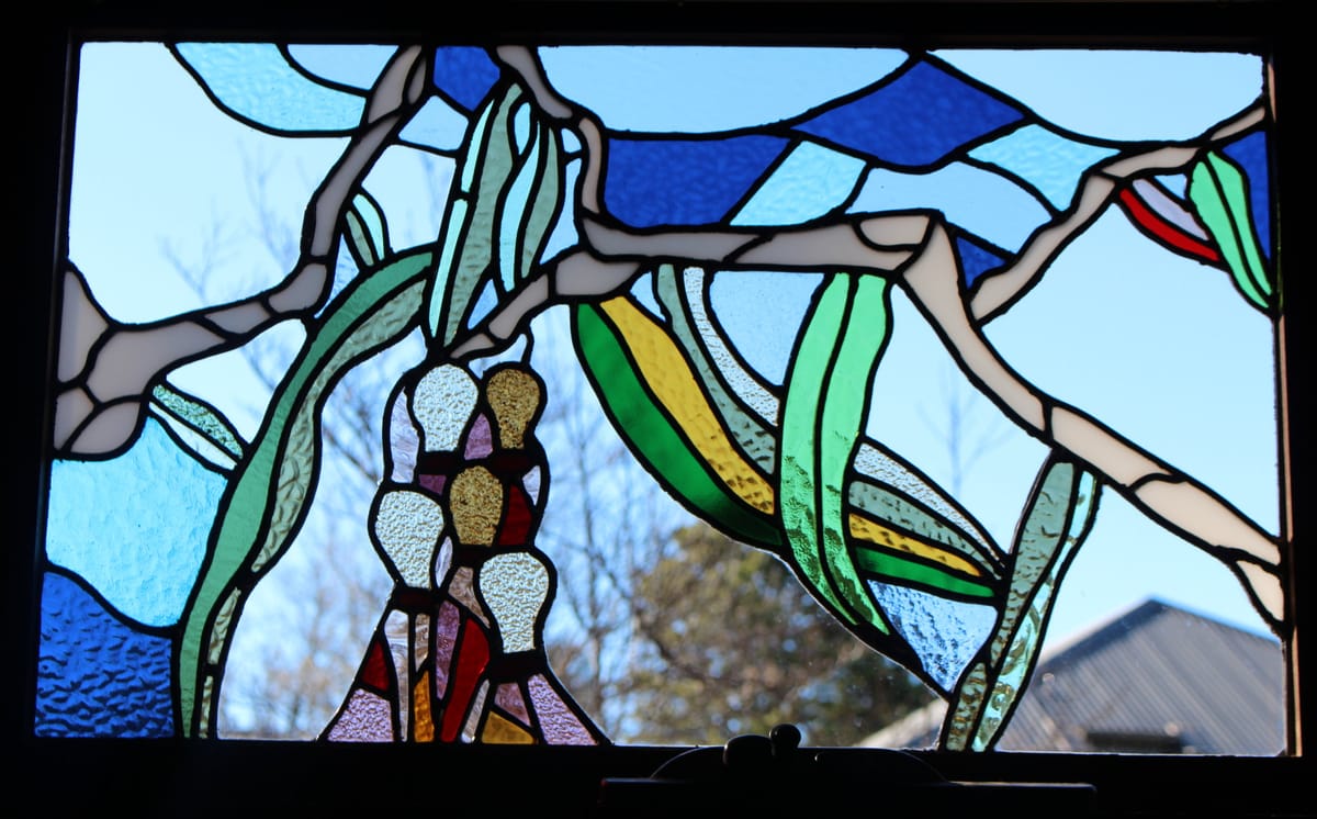 Gum leaves, blossom buds and a branch in leadlight, installed and backlit against blue sky and trees
