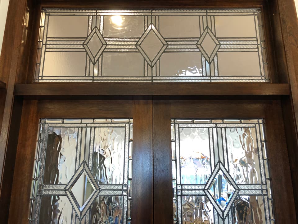 Art Deco front door with diamond leadlight sidelights and transom, installed