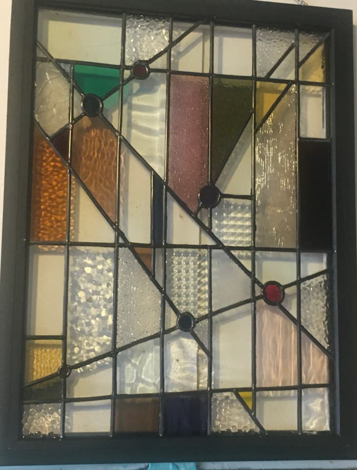 Modern abstract leadlight panel with mixed diagonal glass textures