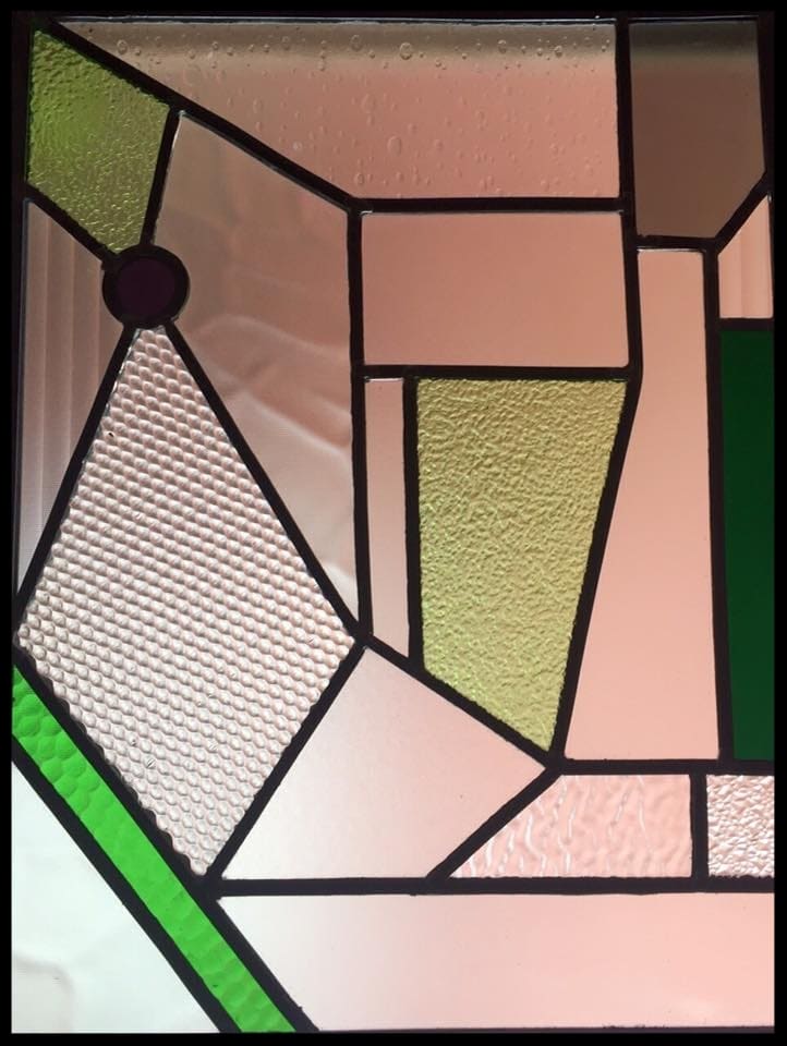 Modern leadlight in an asymmetric Bauhaus-style composition, no border, bold lead lines